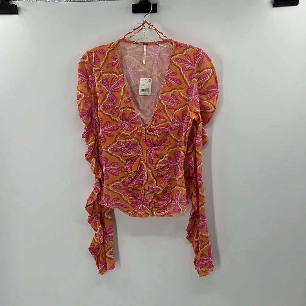 Free People Through the Meadow Ruched Mesh Top - Grapefruit Seltzer - S - NWT